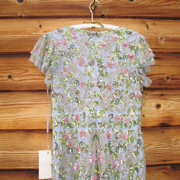 Mac Duggal 5722 Womens Blue FLORAL EMBELLISHED FLUTTER CAP SLEEVE DRESS - Picture 14 of 16